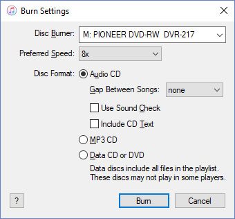 Audiobook Burn Settings