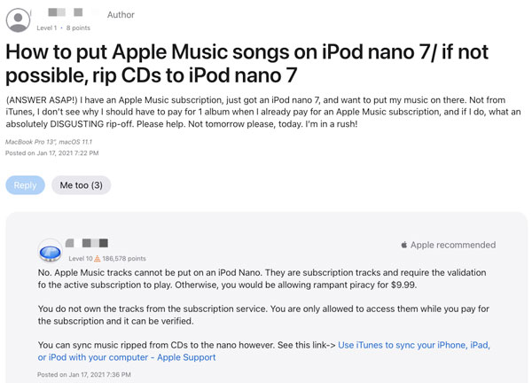 Apple Music on iPod discussion from Apple forum