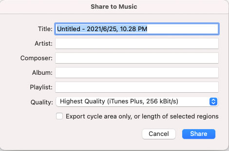 Share Output to iTunes Library in GarageBand