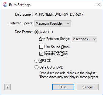 iTunes burning settings