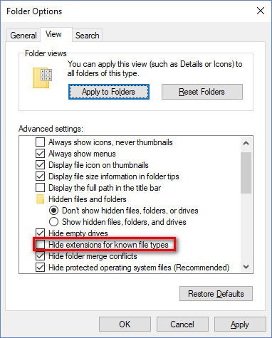 Show Filename Extensions in Windows