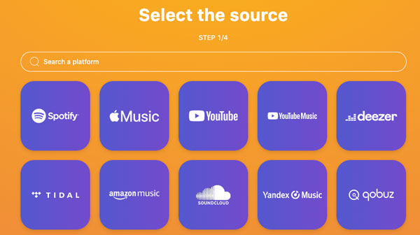 TuneMyMusic select the source