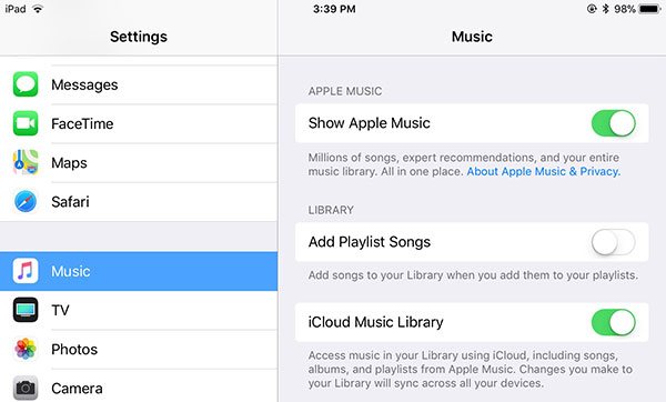 Turn on iCloud Music Library on iPad