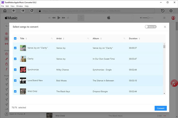 TuneMobie Apple Music Converter conversion list